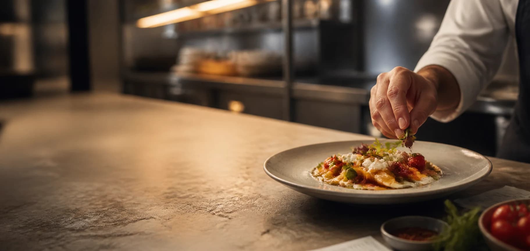 Chef al lavoro in una cucina professionale con un piatto finito